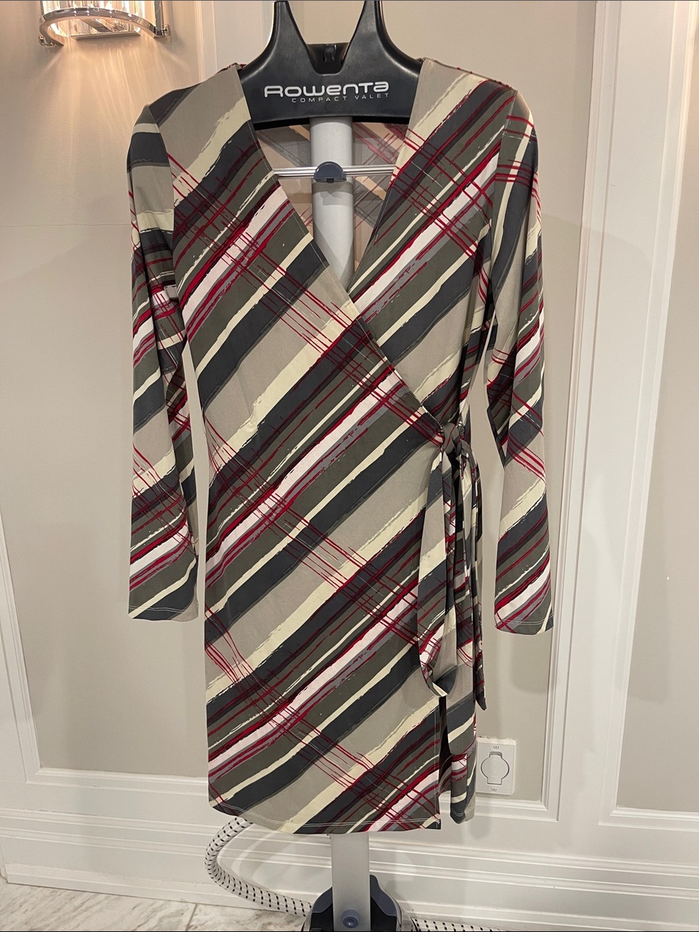 Liz Claiborne Taupe, Gray and Burgundy Striped Wrap Dress